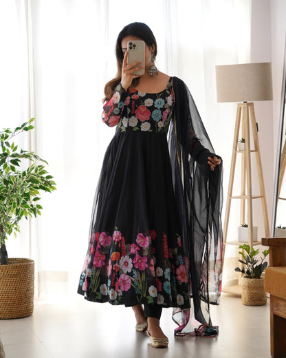 Flower Black Printed Anarkali Gown With Pant & Dupatta Set By WTW