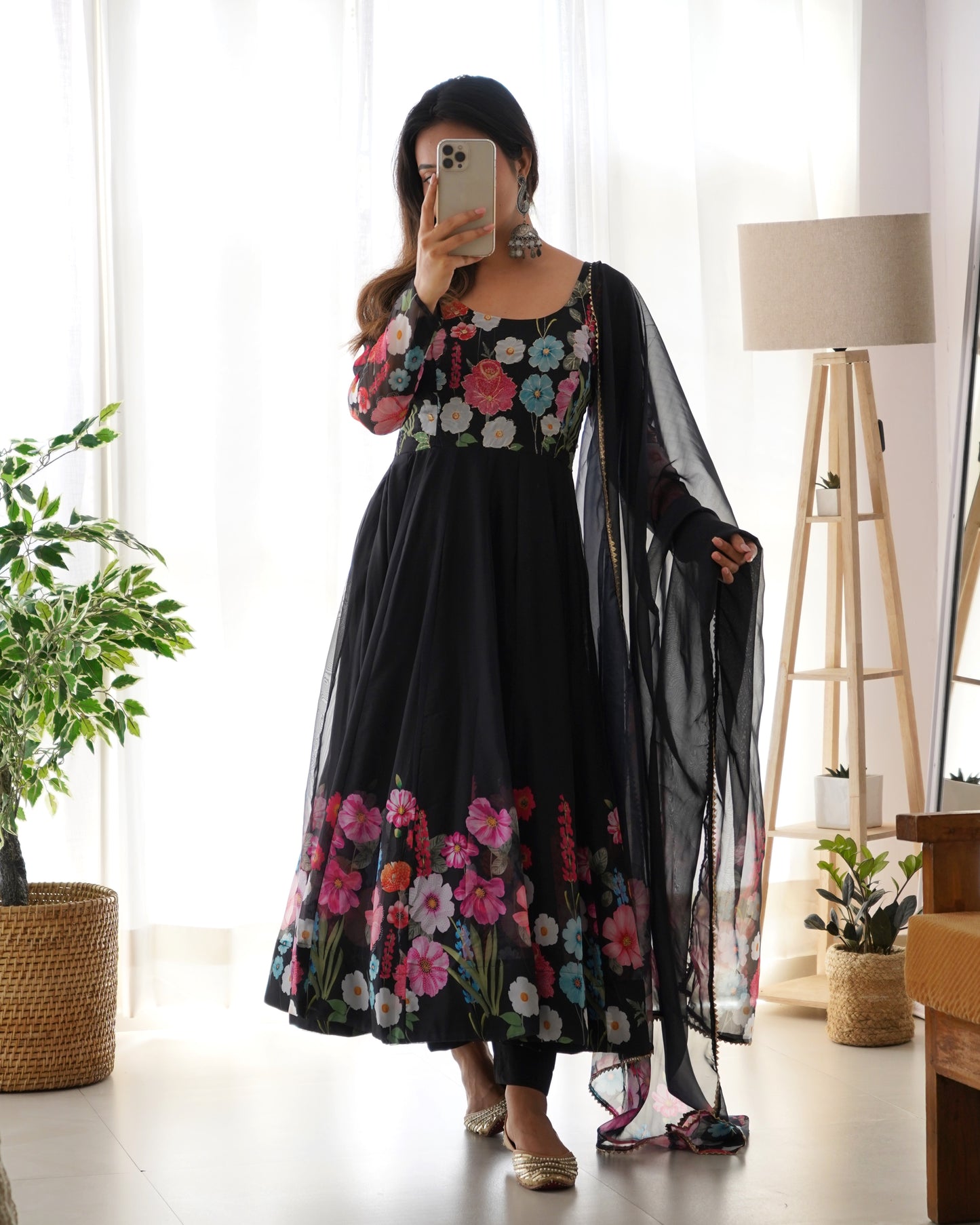 Flower Black Printed Anarkali Gown With Pant & Dupatta Set By WTW