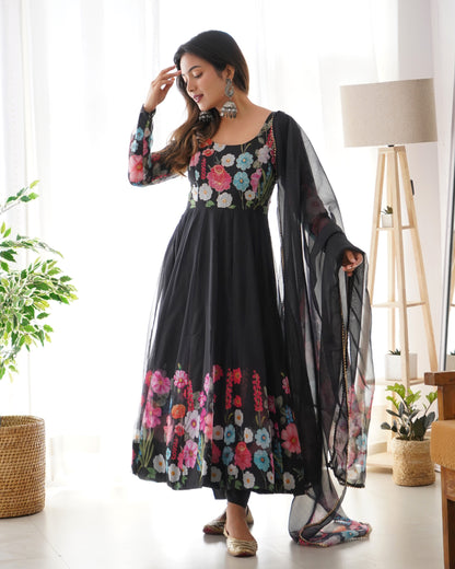 Flower Black Printed Anarkali Gown With Pant & Dupatta Set By WTW