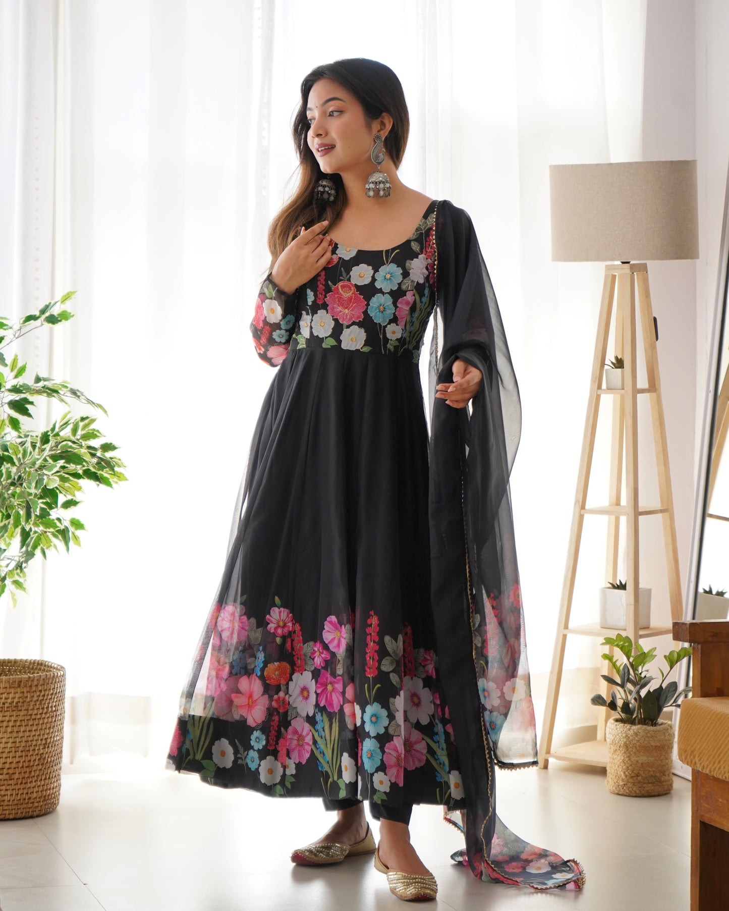 Flower Black Printed Anarkali Gown With Pant & Dupatta Set By WTW