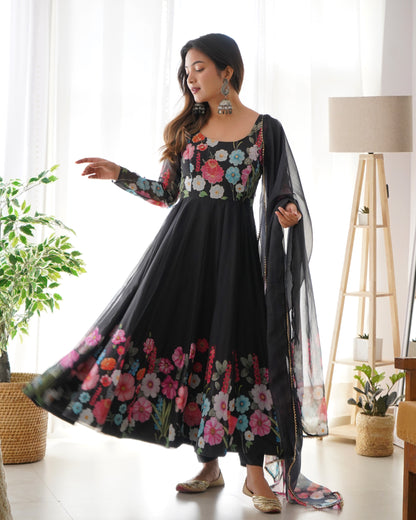 Flower Black Printed Anarkali Gown With Pant & Dupatta Set By WTW