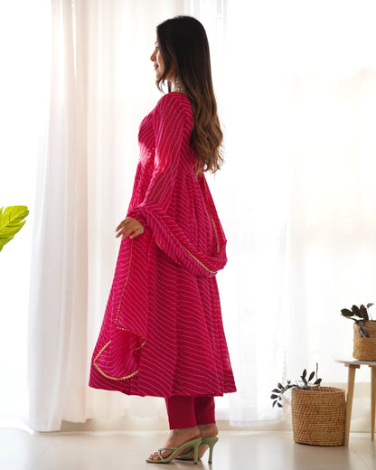 Stunning Pink Laheriya Printed Georgette Anarkali Pant Suit With Dupatta By WTW