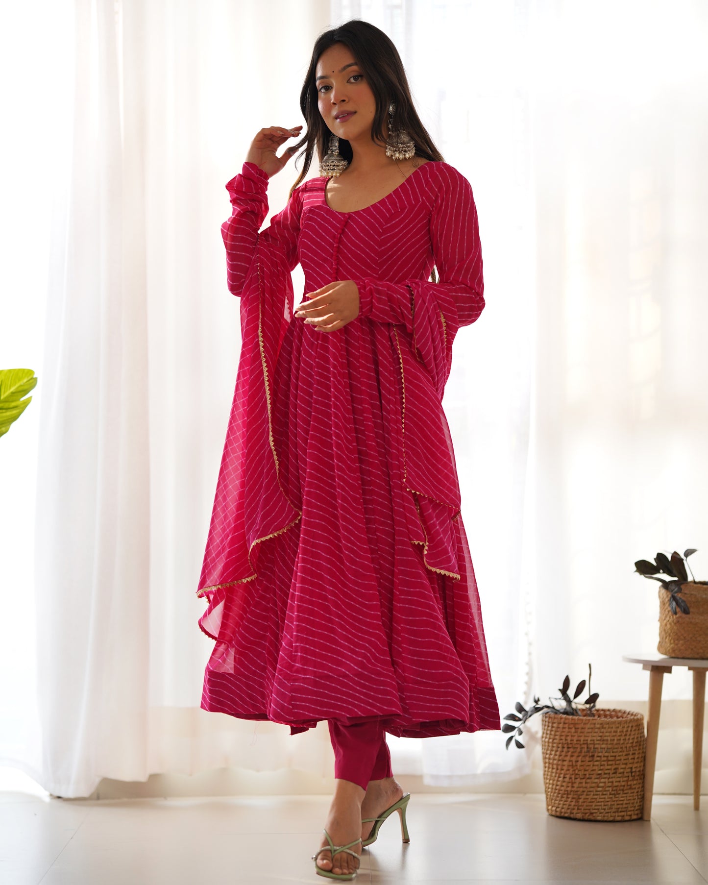 Stunning Pink Laheriya Printed Georgette Anarkali Pant Suit With Dupatta By WTW