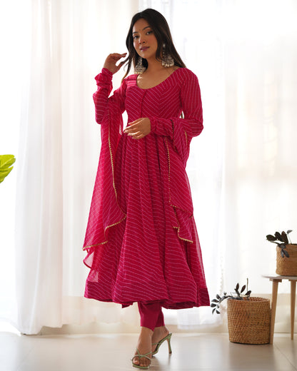 Stunning Pink Laheriya Printed Georgette Anarkali Pant Suit With Dupatta By WTW