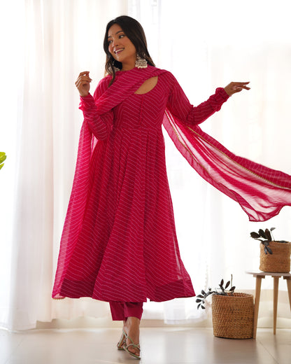 Stunning Pink Laheriya Printed Georgette Anarkali Pant Suit With Dupatta By WTW