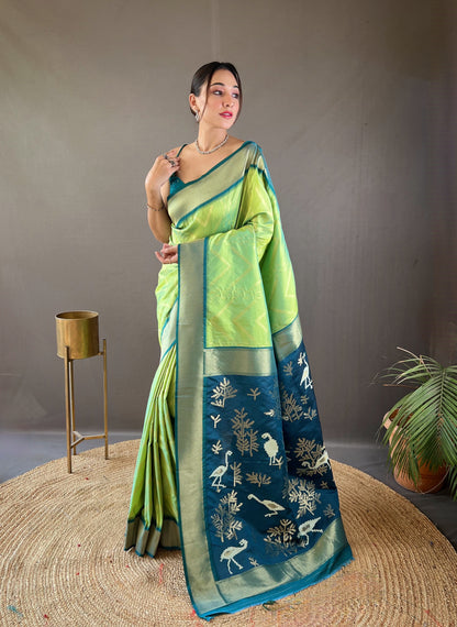 Pistachio Green Soft Banarasi Silk Saree By WTW