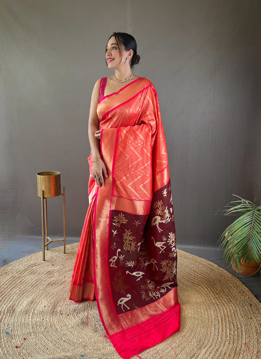 Deep Carmine Pink Soft Banarasi Silk Saree By WTW