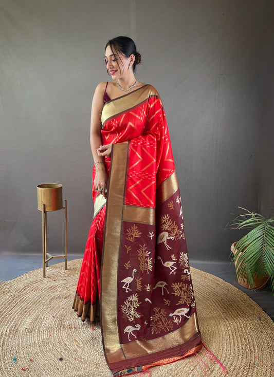 Precious Red Zari Weaving Silk Festival Wear Saree With Blouse By WTW