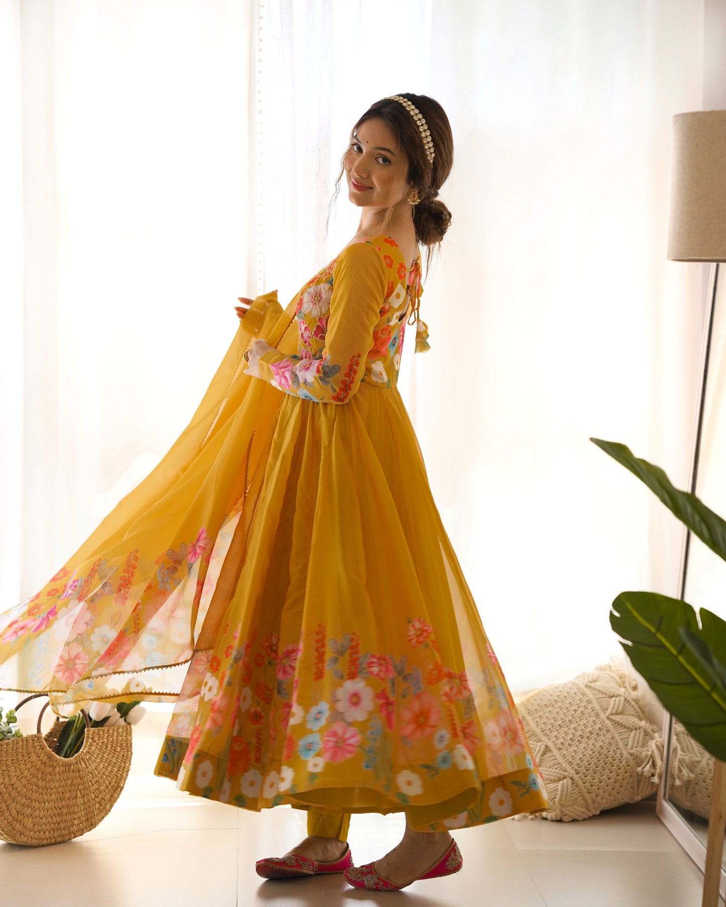 Yellow Printed Organza Silk Kurta Set By WTW