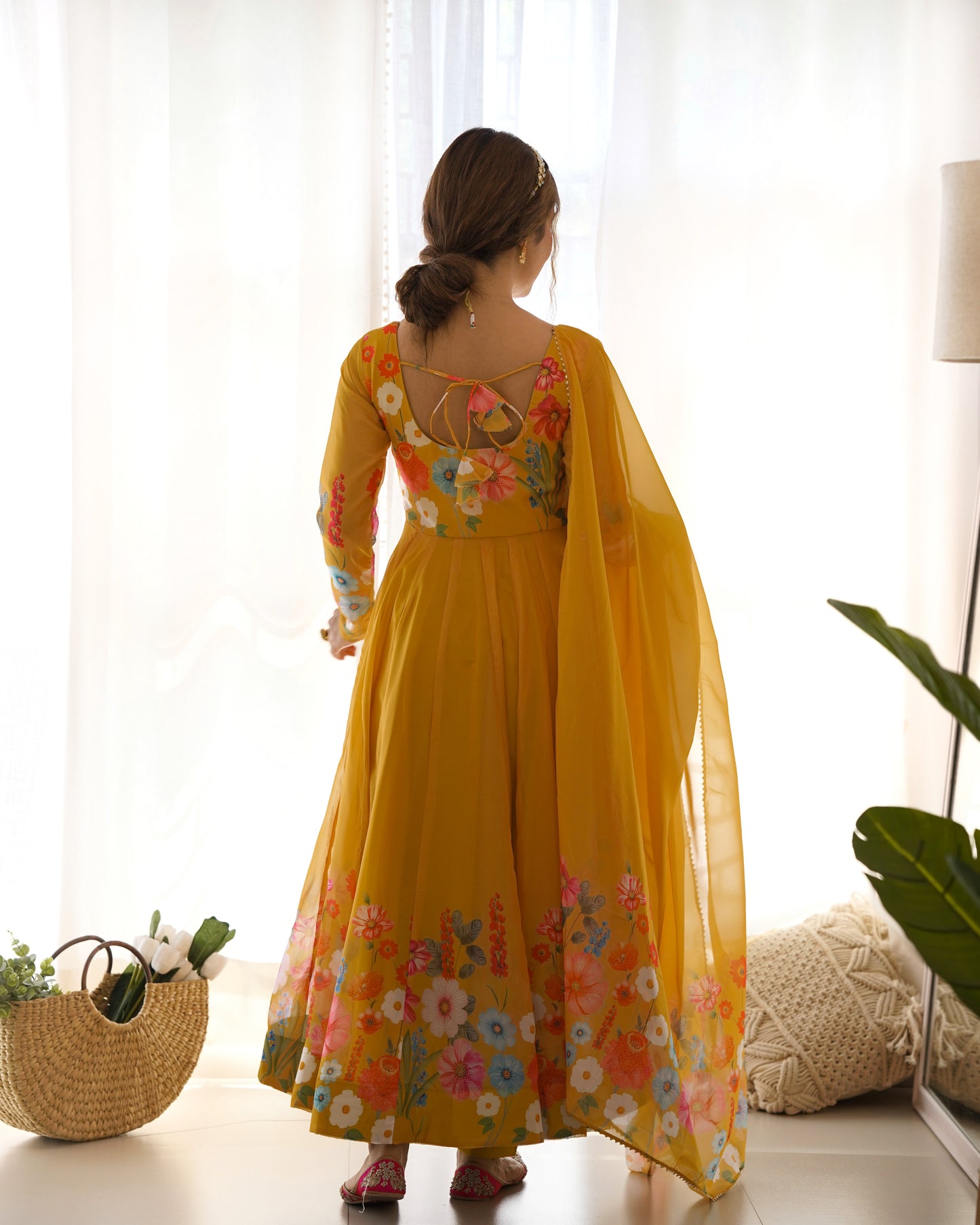 Yellow Printed Organza Silk Kurta Set By WTW