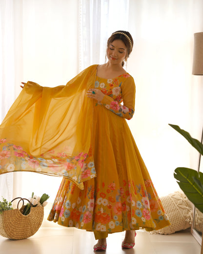 Yellow Printed Organza Silk Kurta Set By WTW