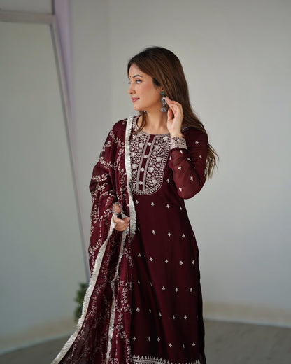 Maroon Embroidered Silk Kurta Set