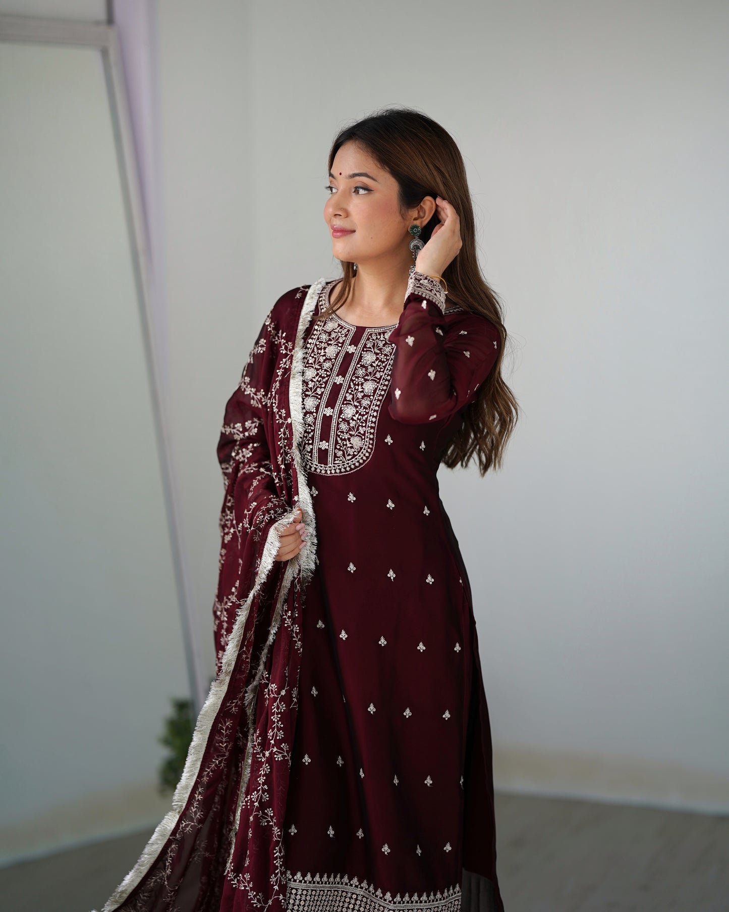 Maroon Embroidered Silk Kurta Set