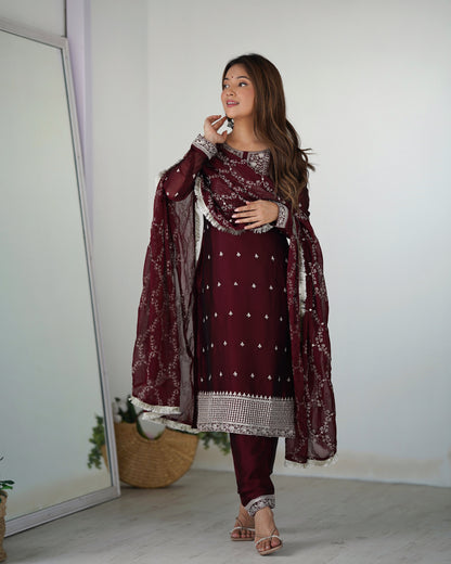 Maroon Embroidered Silk Kurta Set