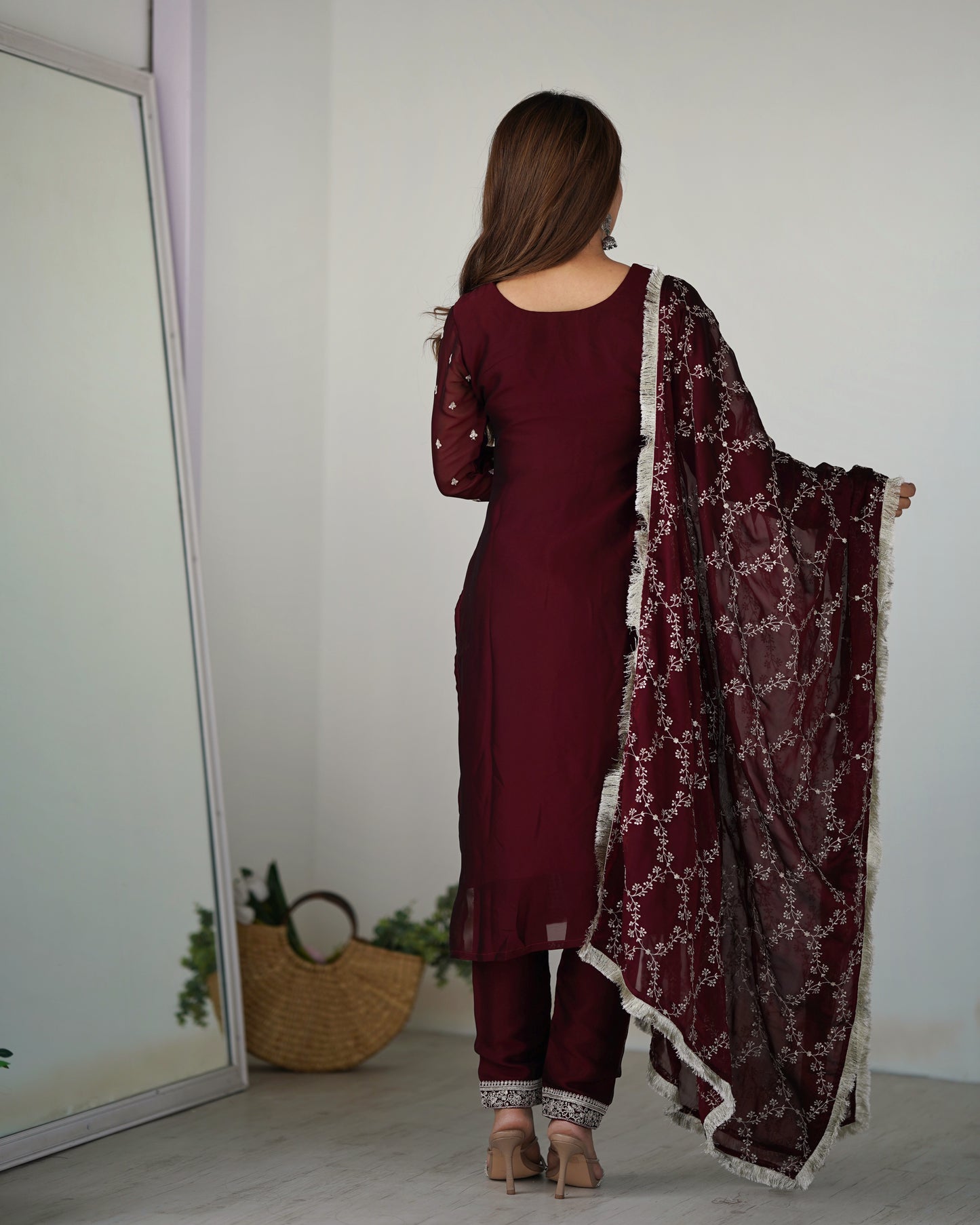 Maroon Embroidered Silk Kurta Set