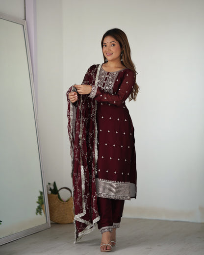 Maroon Embroidered Silk Kurta Set