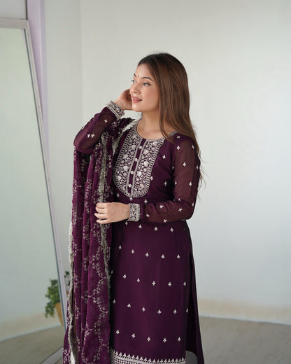 Wine Embroidered Silk Kurta Set By WTW