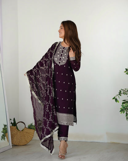 Wine Embroidered Silk Kurta Set By WTW