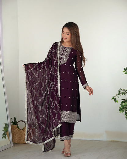 Wine Embroidered Silk Kurta Set By WTW