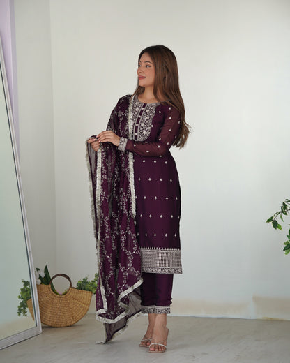 Wine Embroidered Silk Kurta Set By WTW