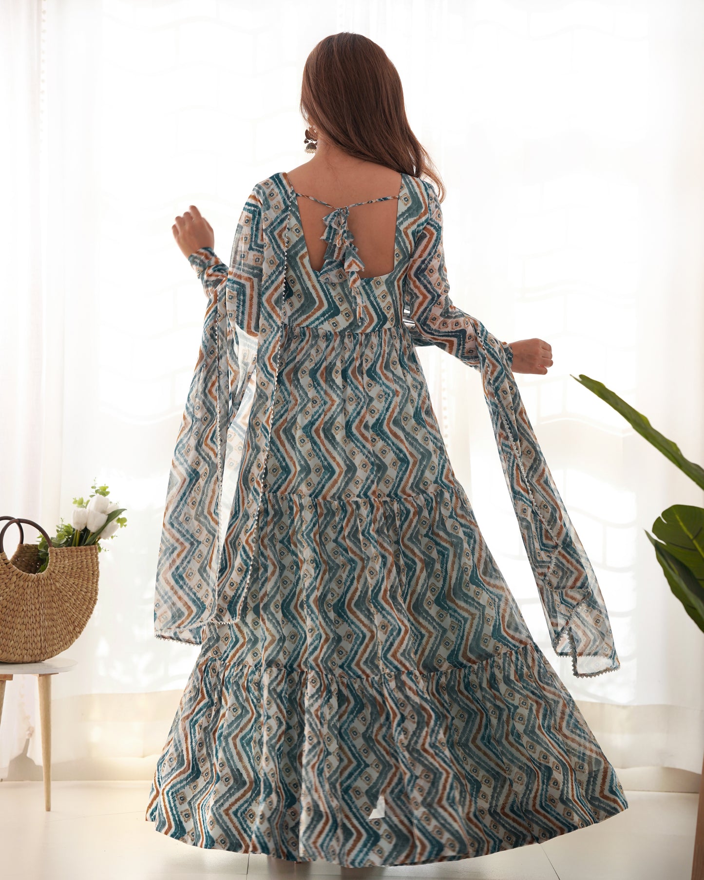 Sky Blue Printed Faux Georgette Anarkali Set By WTW