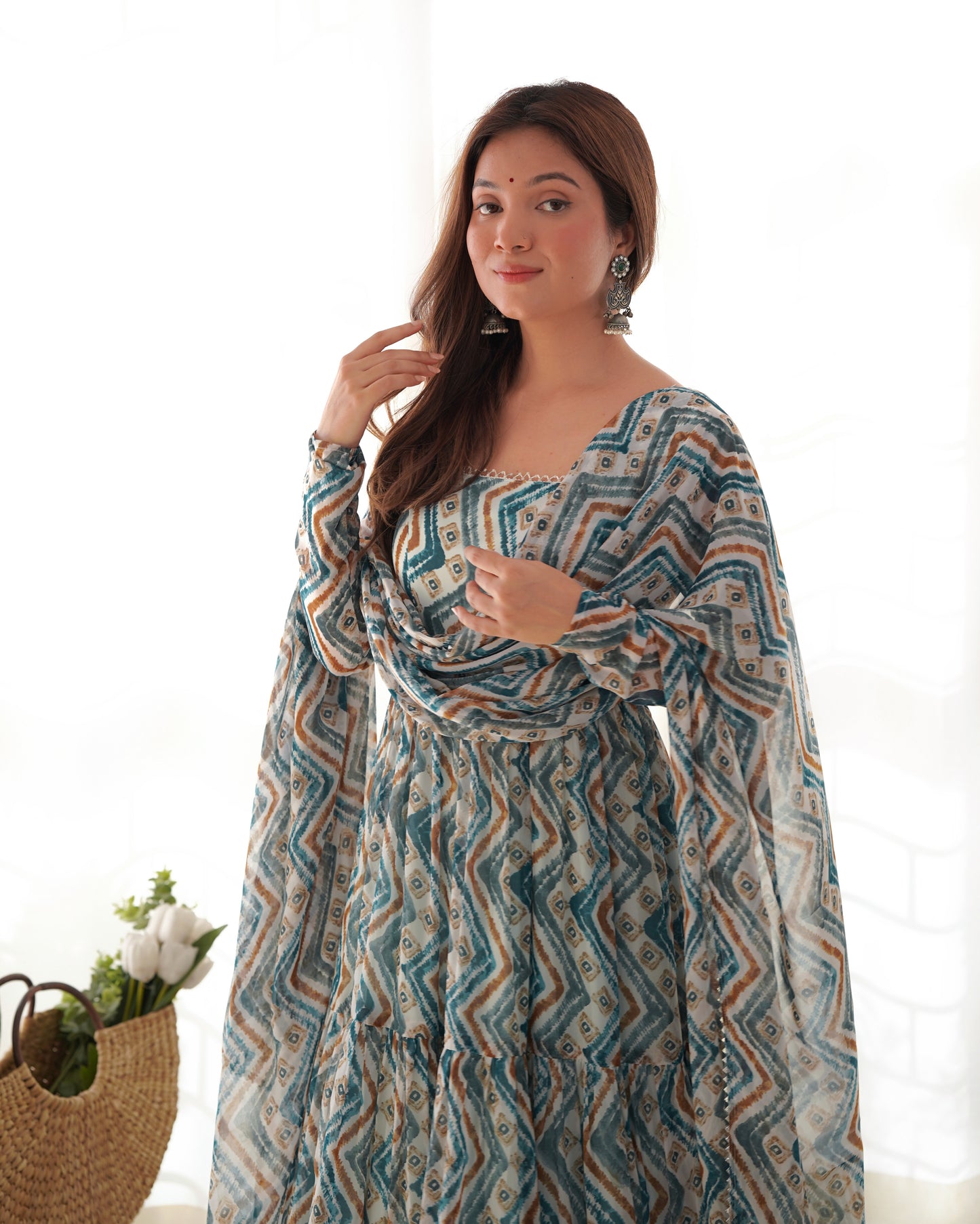 Sky Blue Printed Faux Georgette Anarkali Set By WTW