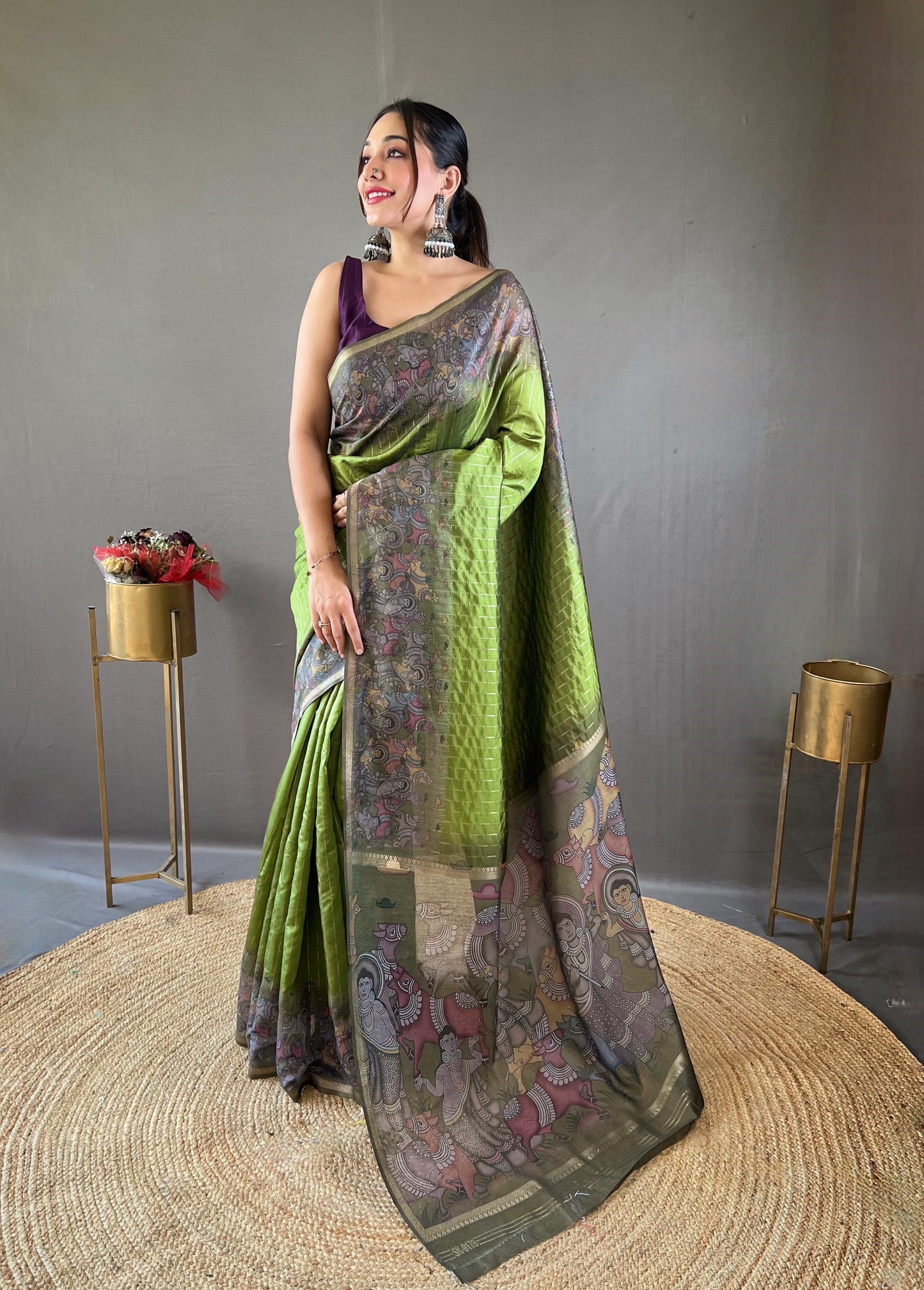 Parrot Green Woven Chanderi Silk Saree Set By WTW