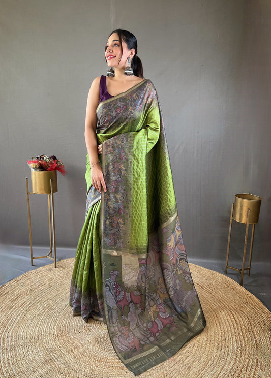 Parrot Green Woven Chanderi Silk Saree Set By WTW