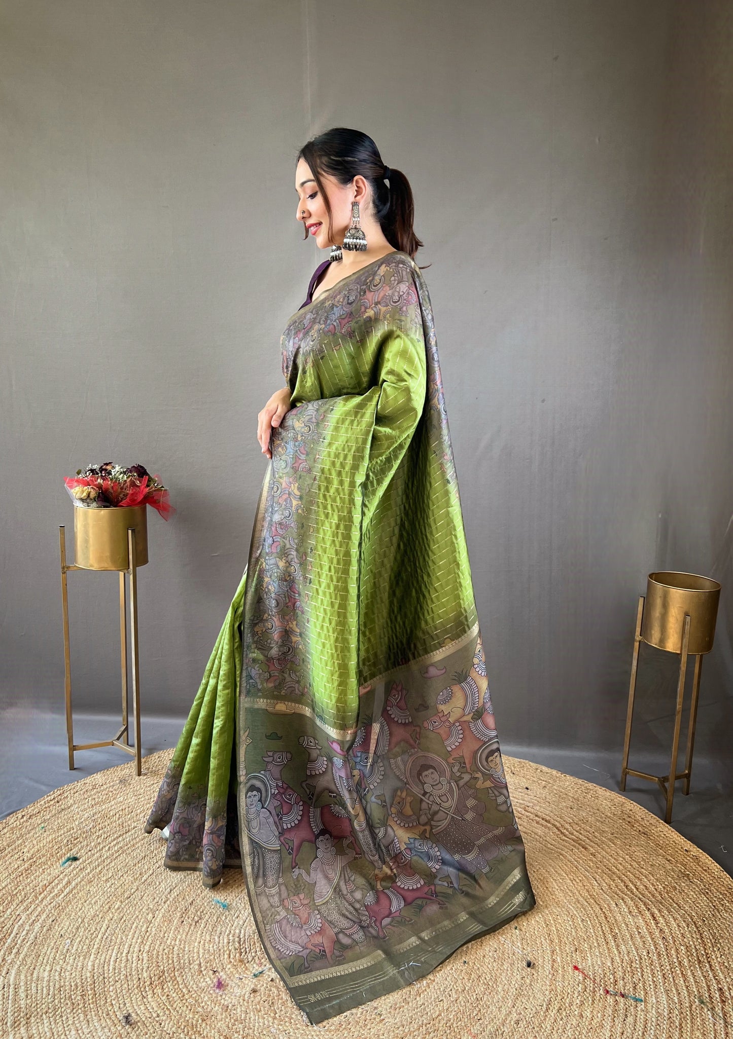 Parrot Green Woven Chanderi Silk Saree Set By WTW