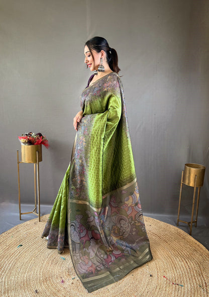 Parrot Green Woven Chanderi Silk Saree Set By WTW