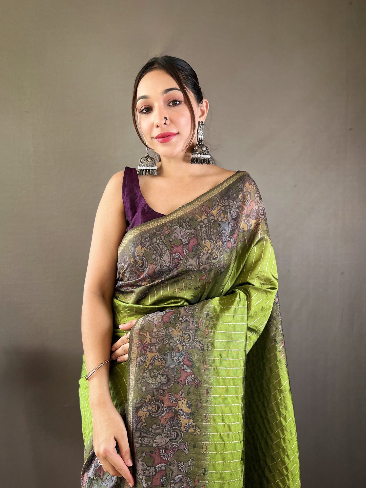 Parrot Green Woven Chanderi Silk Saree Set By WTW