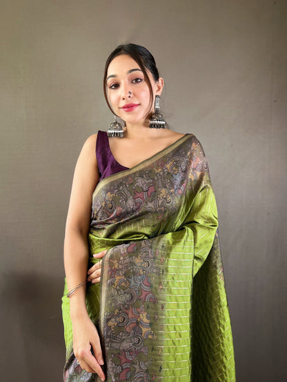 Parrot Green Woven Chanderi Silk Saree Set By WTW