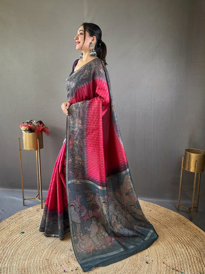 Cerise Pink Printed Chanderi Silk Saree By WTW