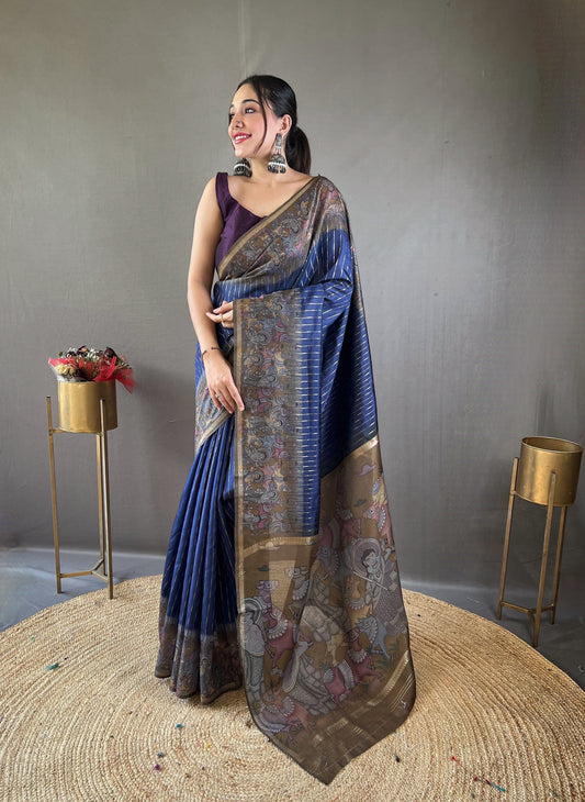 Navy Blue Chanderi Silk Printed Designer Traditional Saree By WTW