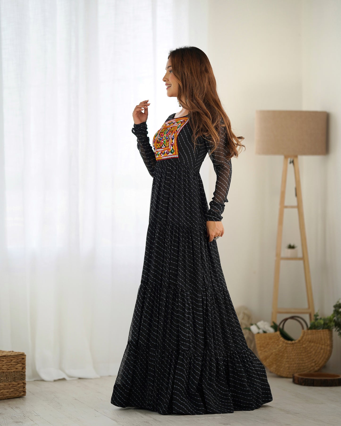 Black Printed Faux Georgette Gown By WTW