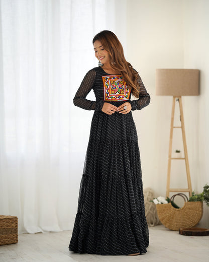 Black Printed Faux Georgette Gown By WTW