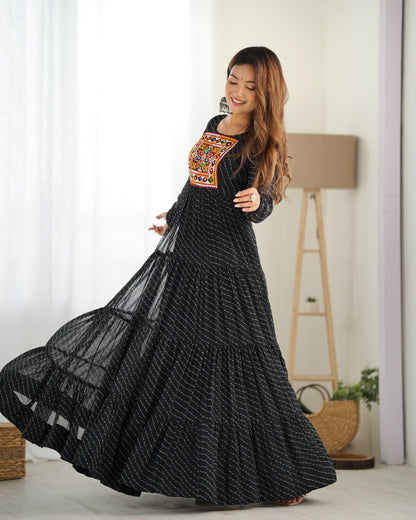 Black Printed Faux Georgette Gown By WTW