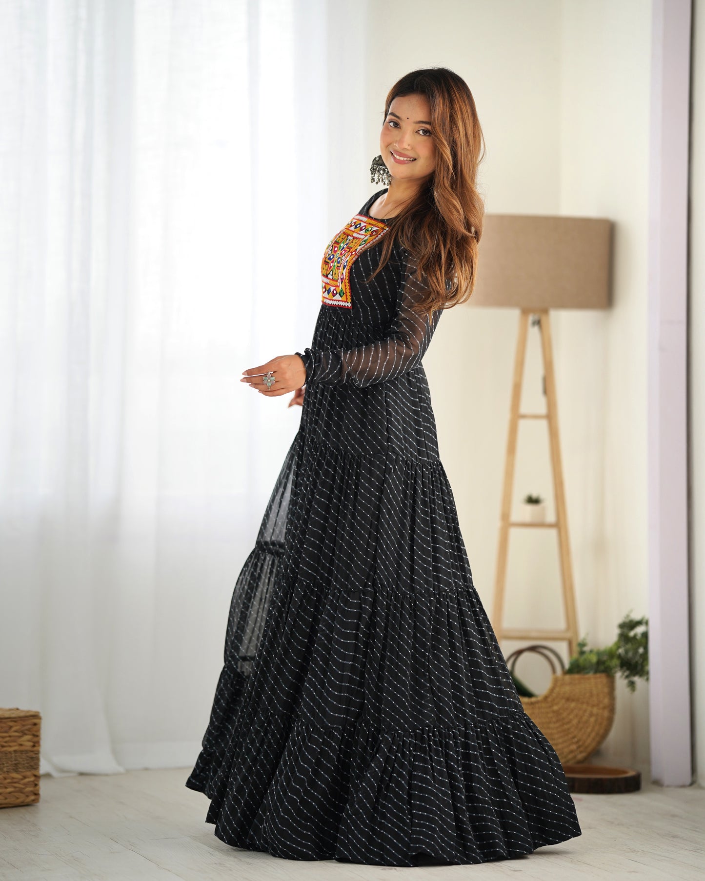 Black Printed Faux Georgette Gown By WTW