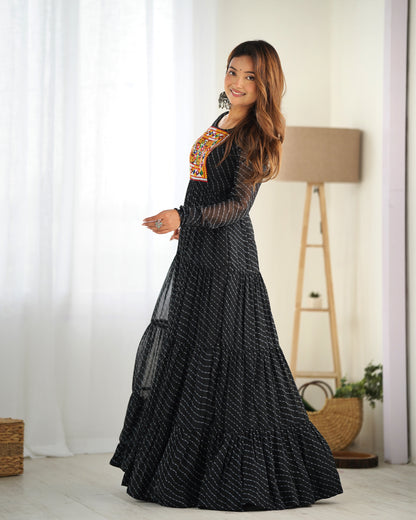 Black Printed Faux Georgette Gown By WTW