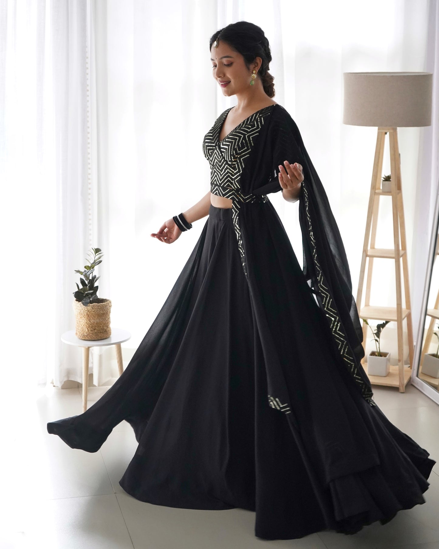 Embroidered Georgette Lehenga In Black By WTW