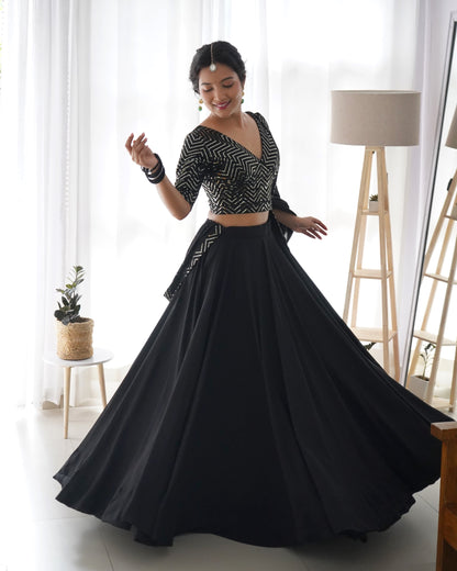 Embroidered Georgette Lehenga In Black By WTW