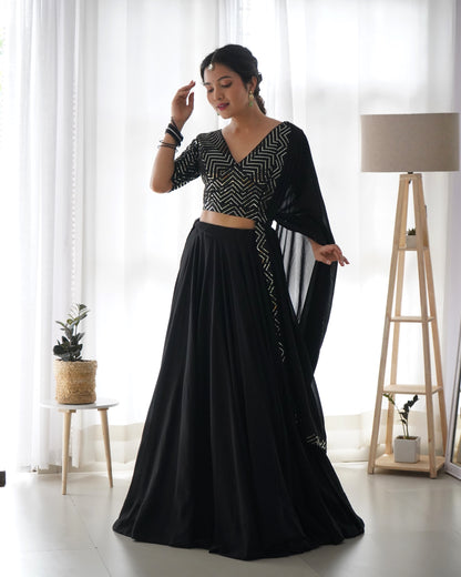 Embroidered Georgette Lehenga In Black By WTW