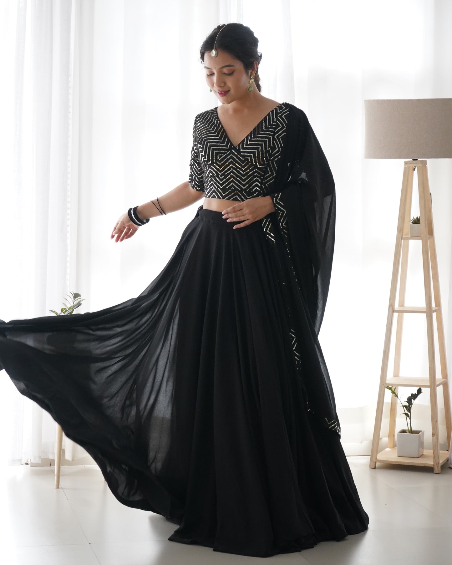 Embroidered Georgette Lehenga In Black By WTW