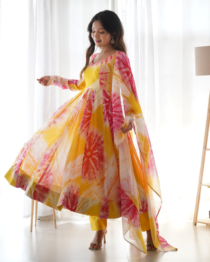 Yellow Organza Digital Printed Anarkali With Pant And Dupatta By WTW