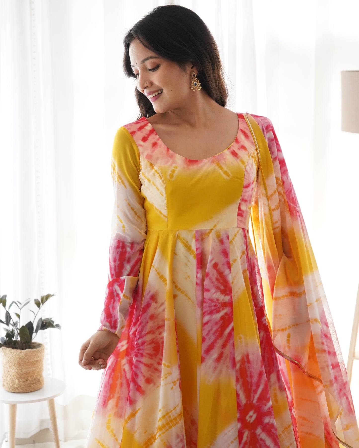 Yellow Organza Digital Printed Anarkali With Pant And Dupatta By WTW