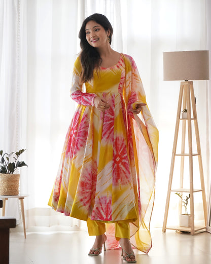 Yellow Organza Digital Printed Anarkali With Pant And Dupatta By WTW