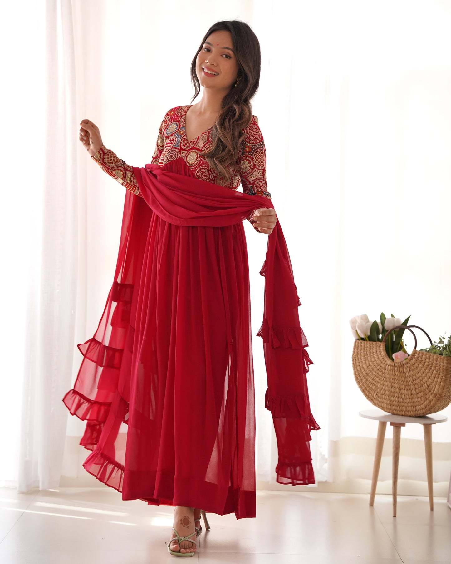 Red Sequin Embroidered Faux Georgette Anarkali Set By WTW