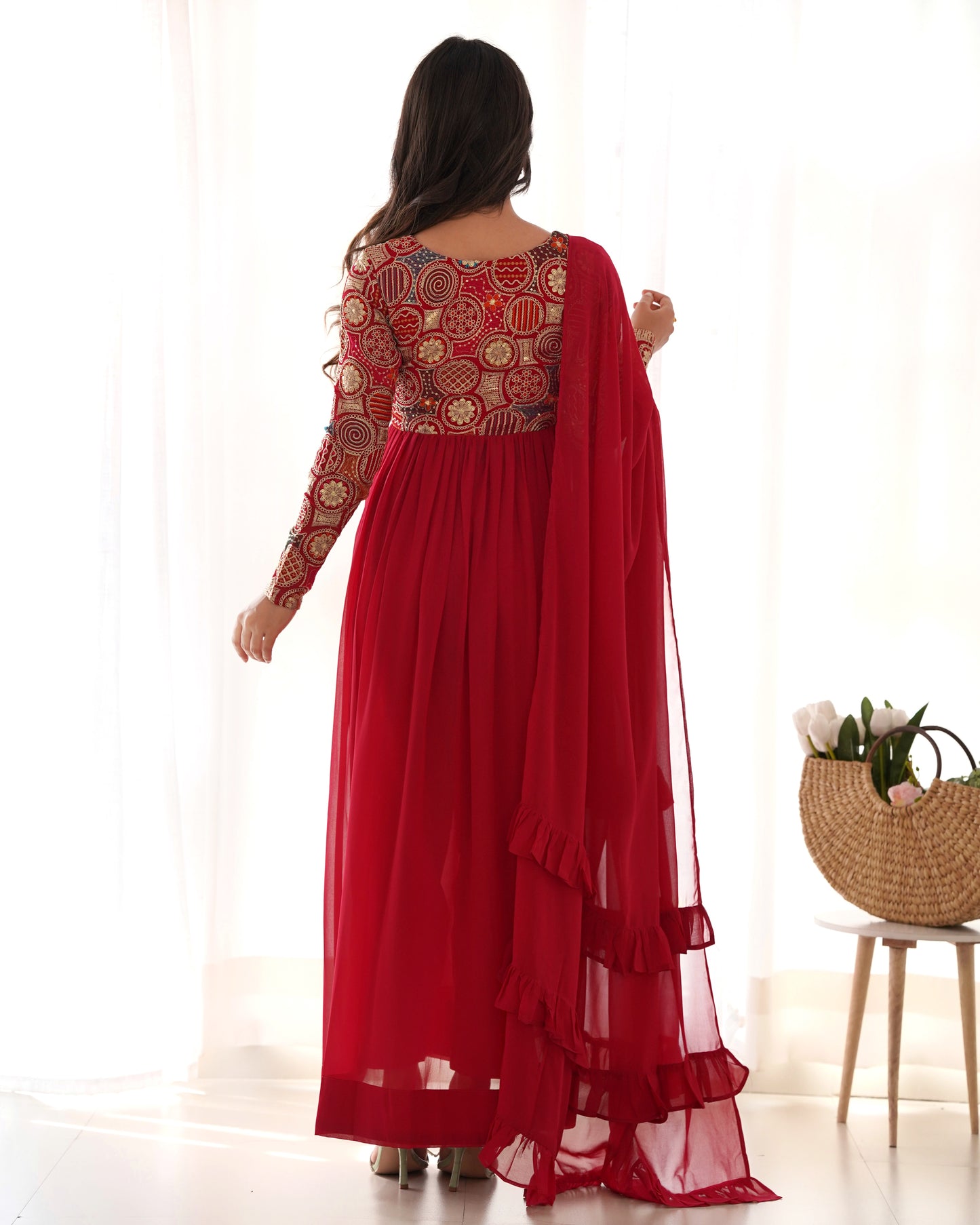 Red Sequin Embroidered Faux Georgette Anarkali Set By WTW