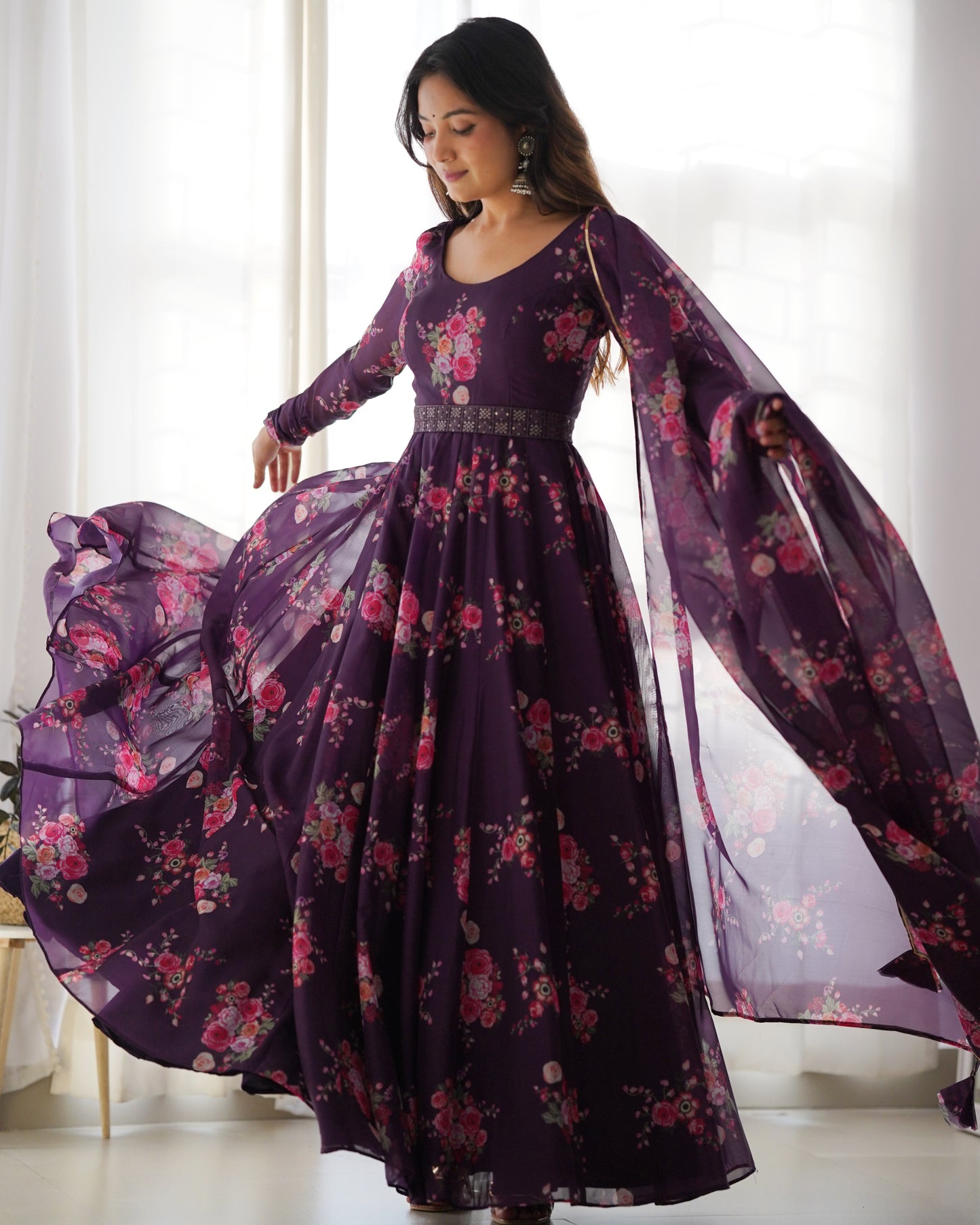 Wine Color Pure Soft Tabby Organza Silk Print Fabric Fully Flair Anarkali, With Duppta Set By WTW