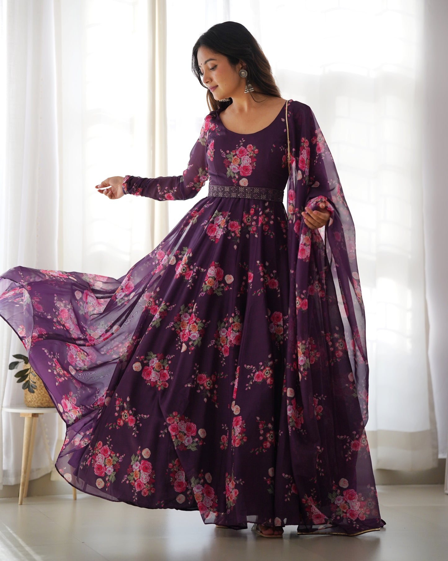 Wine Color Pure Soft Tabby Organza Silk Print Fabric Fully Flair Anarkali, With Duppta Set By WTW